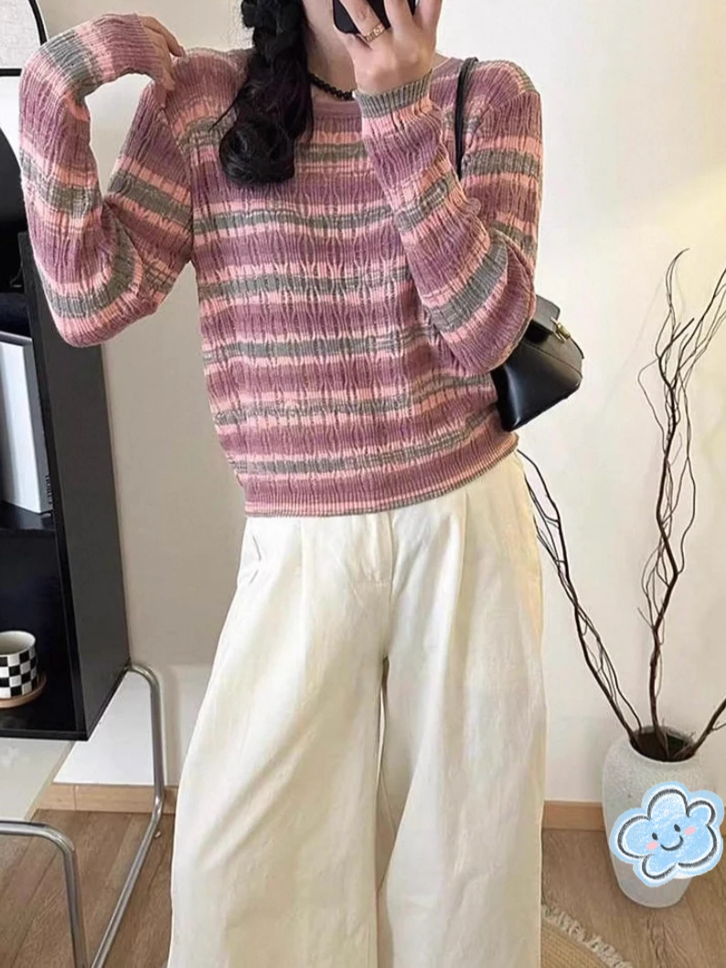 破洞镂空条纹软糯毛衣女2025早秋温柔盐系复古设计感小众针织衫潮