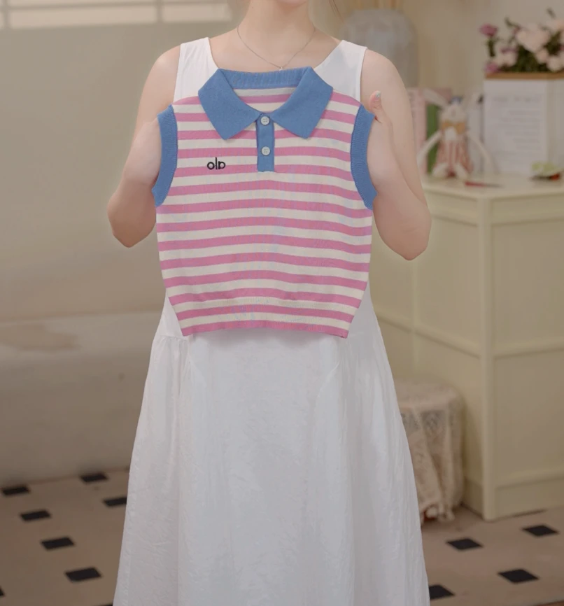 【现货】2025夏季韩版薄款刺绣POLO翻领莱赛尔条纹背心2566A