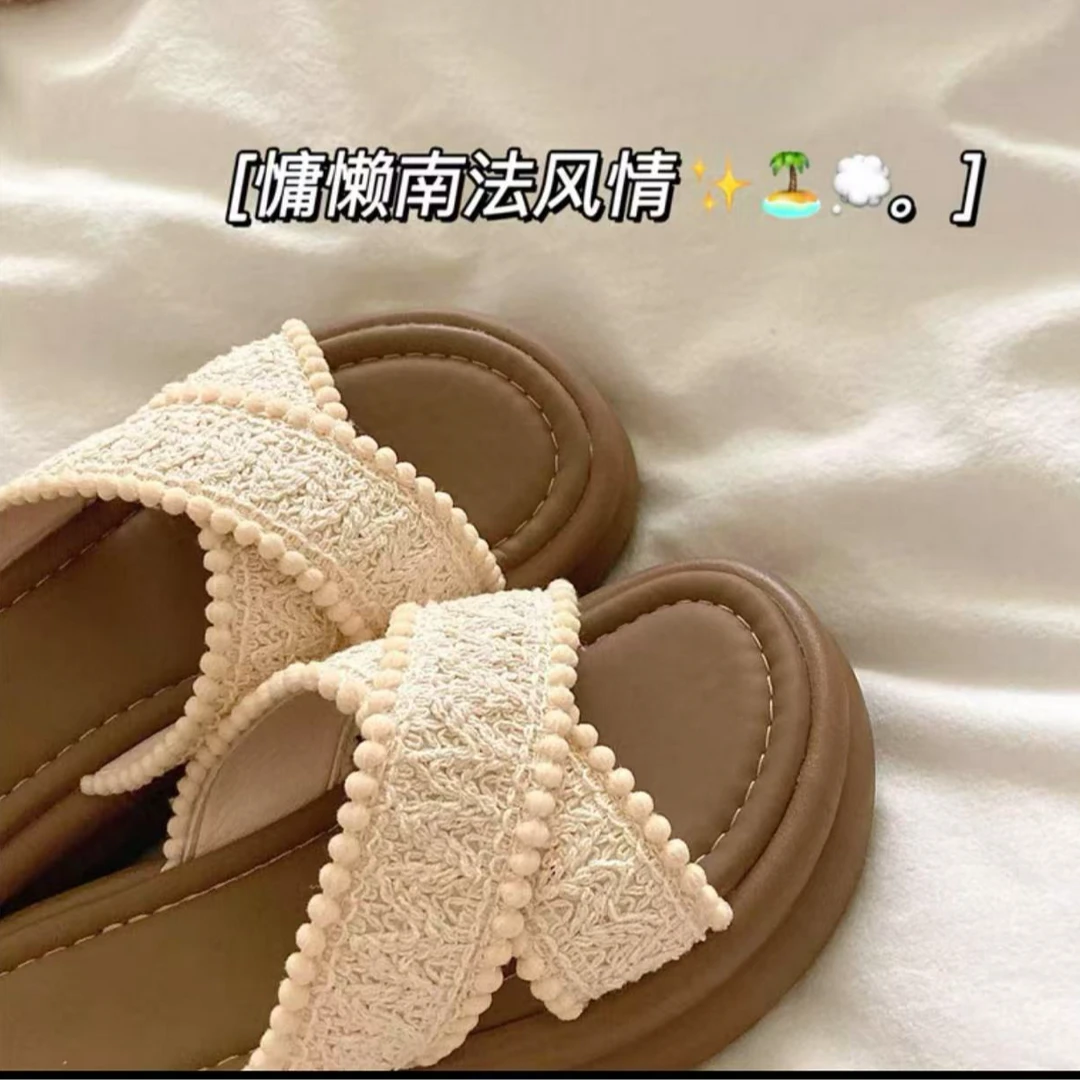 2024网红秋季胶粘鞋防滑学生韩版慵懒小香风仙女风沙滩鞋ins