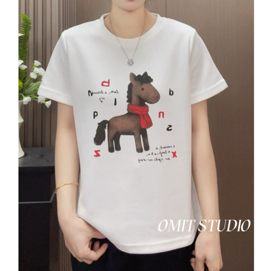 【围巾小马】新款春季加厚品质正肩精梳棉印花短袖