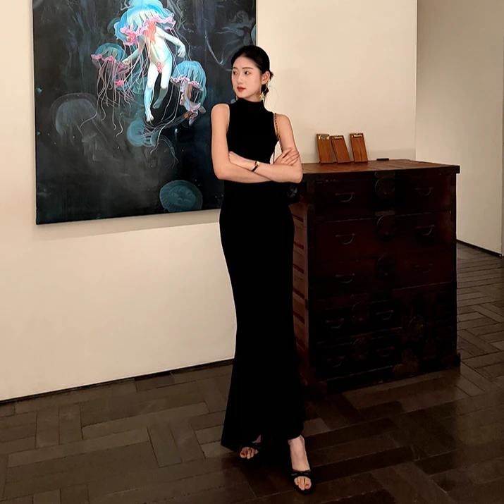 夏季鱼尾连衣裙女修身显瘦步步生莲纯欲气质无袖背心裙收腰包臀裙