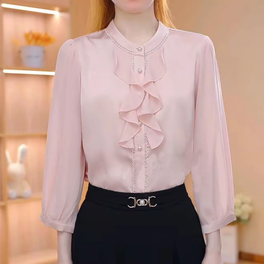 法式复古圆领荷叶边雪纺衬衫七分袖女早秋洋气独特设计高级感上衣