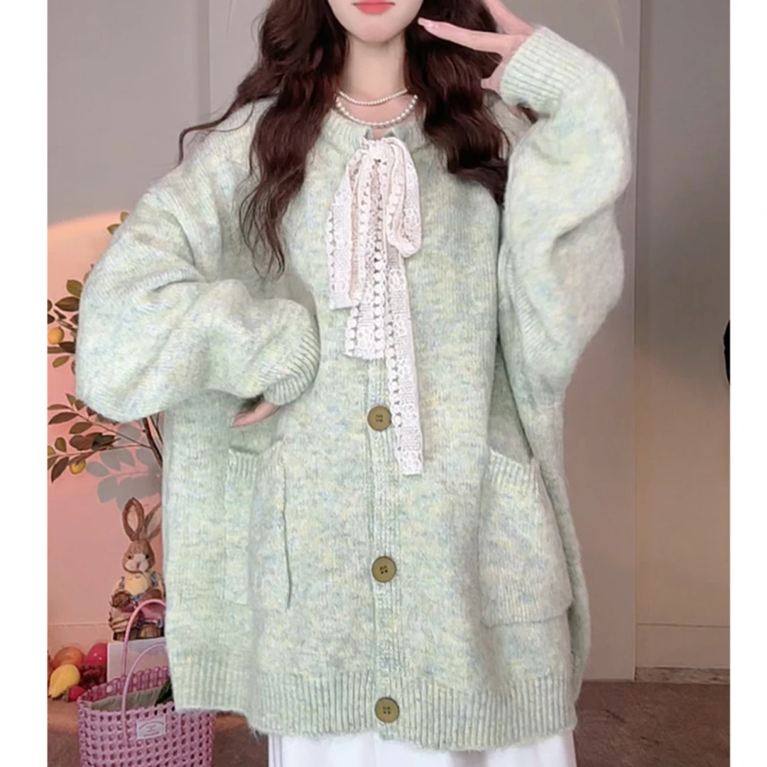 大码胖MM蕾丝拼接蝴蝶结毛衣外套女秋季韩版宽松遮肚针织开衫上衣