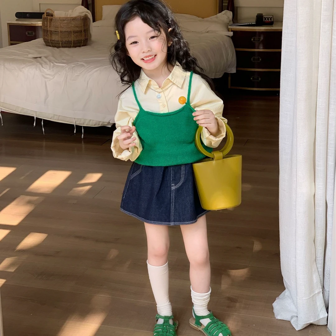 2025套装韩版女童针织吊带洋气春夏季翻领衬衣牛仔半裙防走光裤