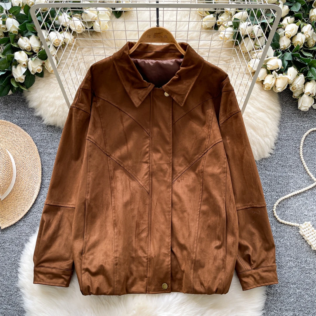 港风小个子宽松休闲鹿皮绒外套女2025秋季慵懒百搭翻领长袖上衣潮