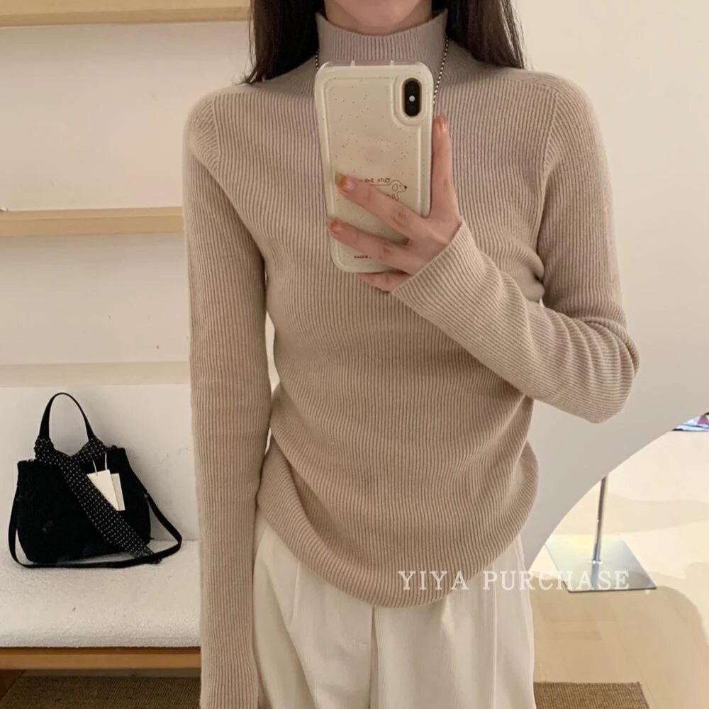 3382精纺细羊毛薄款法式长袖女毛衣软糯舒适打底毛衣