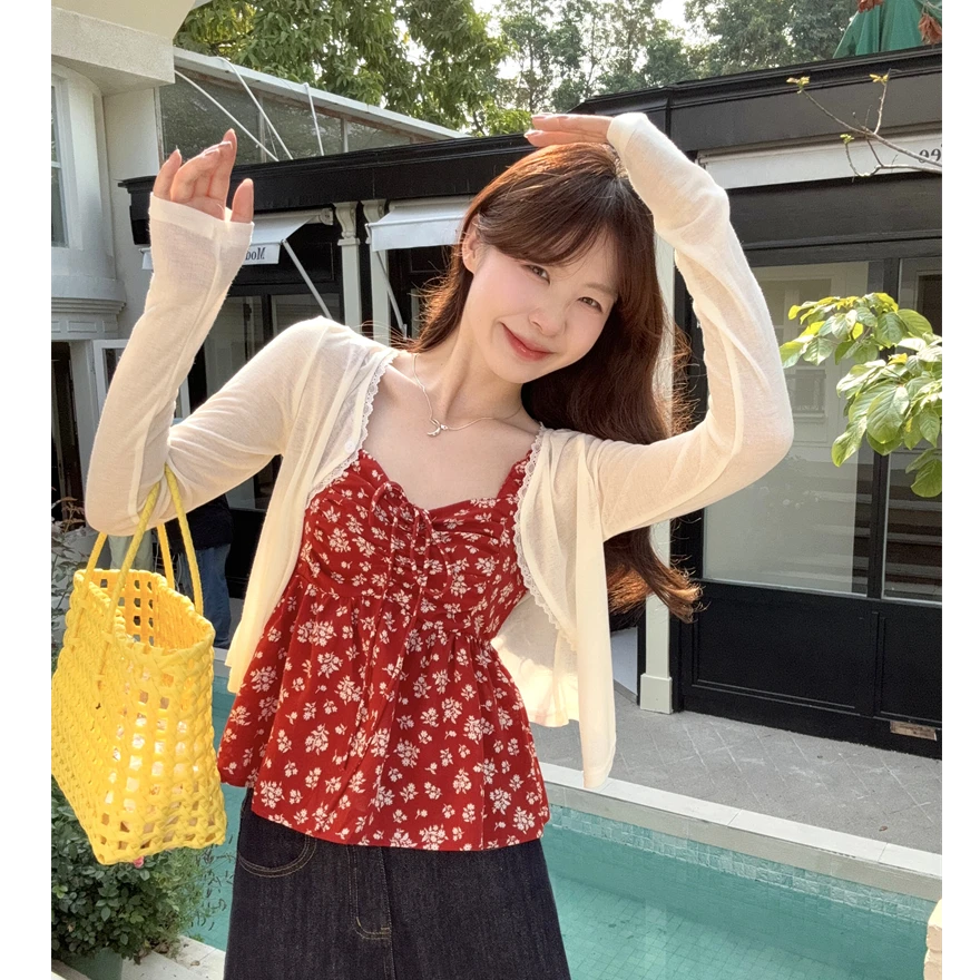 温柔风显瘦碎花吊带背心薄款防晒长袖开衫女2025夏季新款套装chic