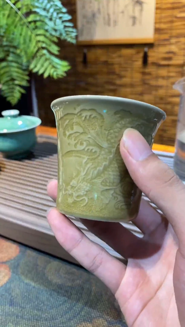 【山隐青瓷】龙窑柴烧杯子 鱼化龙梅子青窑变 70CC