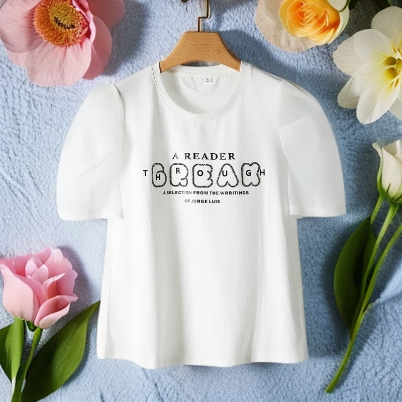 【魔】剪标时尚流行圆领拼钉钻泡泡袖修身T恤上衣女673品牌折扣25夏