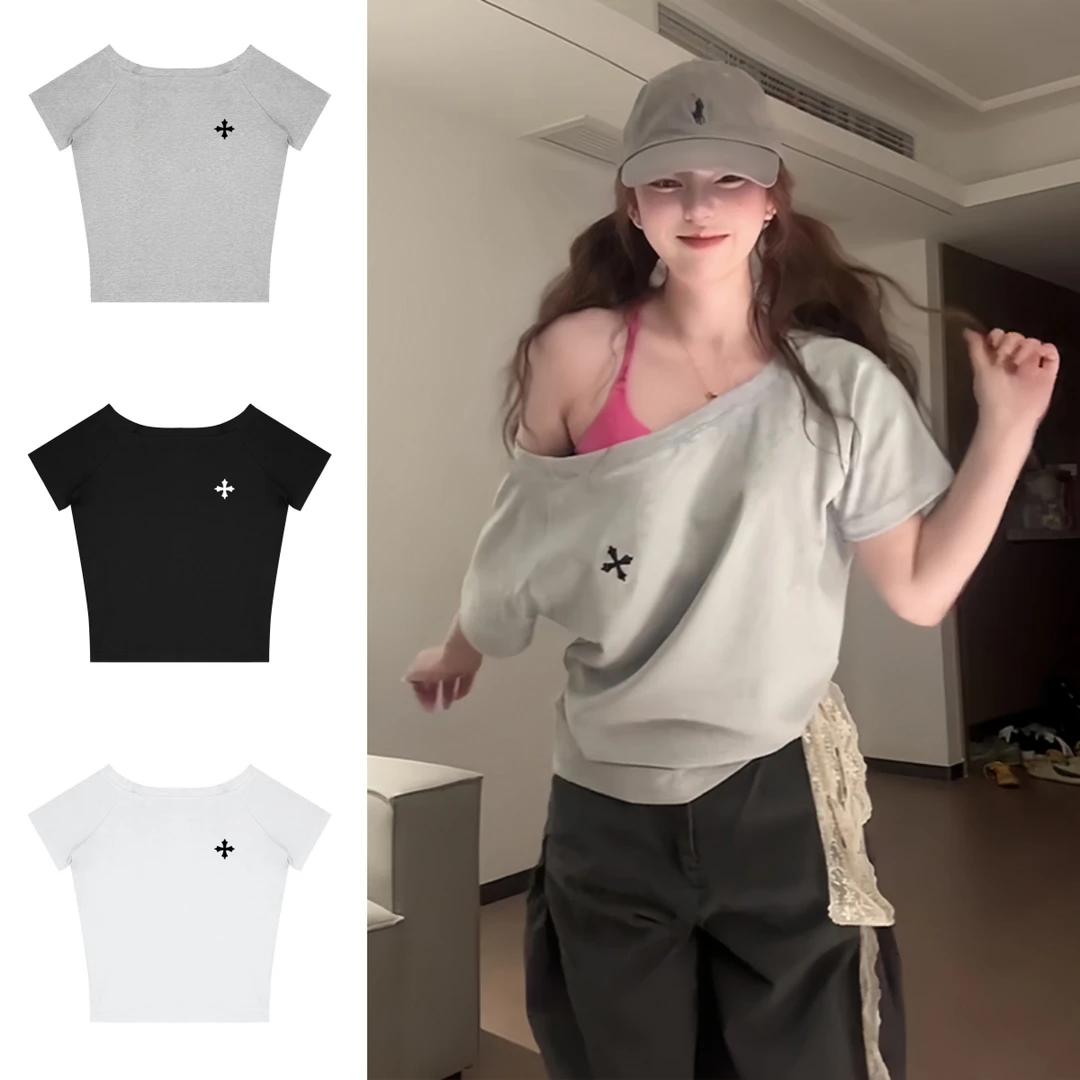 美式复古斜肩t恤女夏季十字架一字肩短袖宽松显瘦休闲露肩上衣服