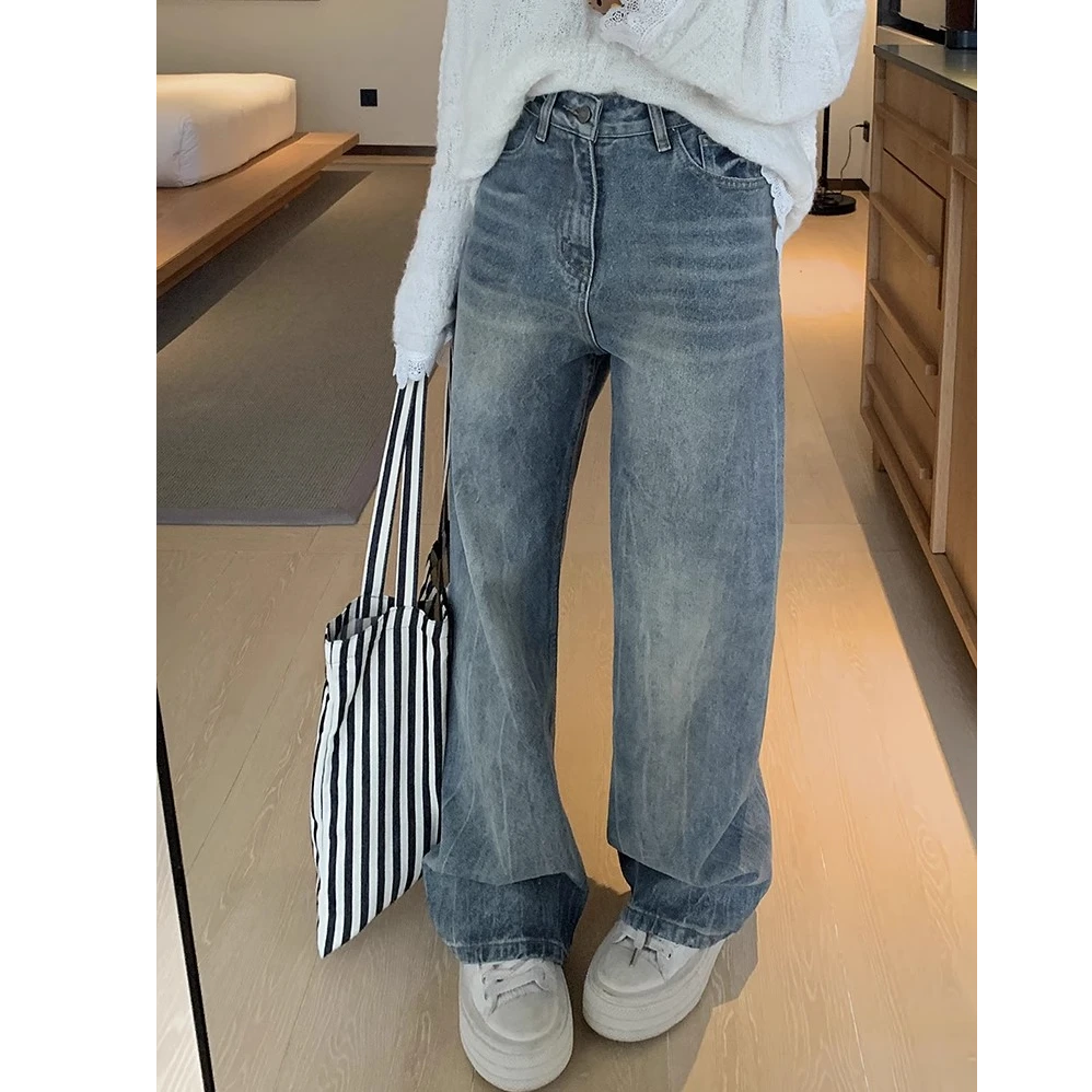 乌77美式复古水洗直筒牛仔裤女高腰显瘦垂感梨形身材阔腿长裤早春