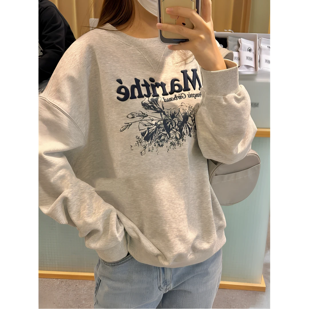 【奕潼•欧尼Seoul】Martha枫叶&刺绣字母花朵印花圆领卫衣-24773