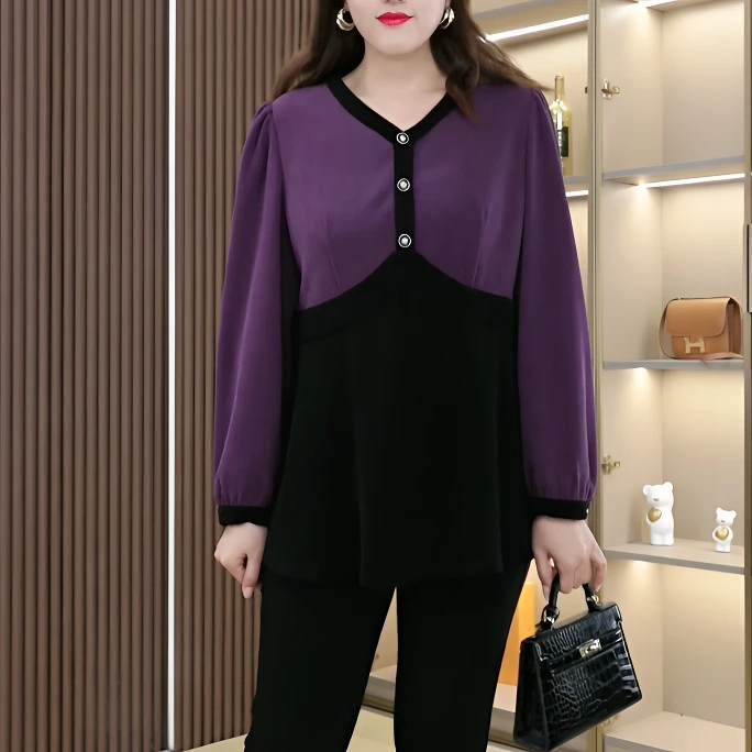 依薇欧新款大码女装气质拼接假两件长袖时尚宽松显瘦遮肉241321