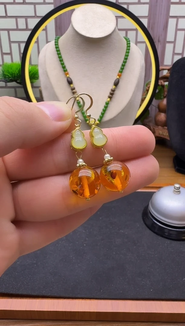 琥珀（花珀）14K金镶嵌耳饰E200