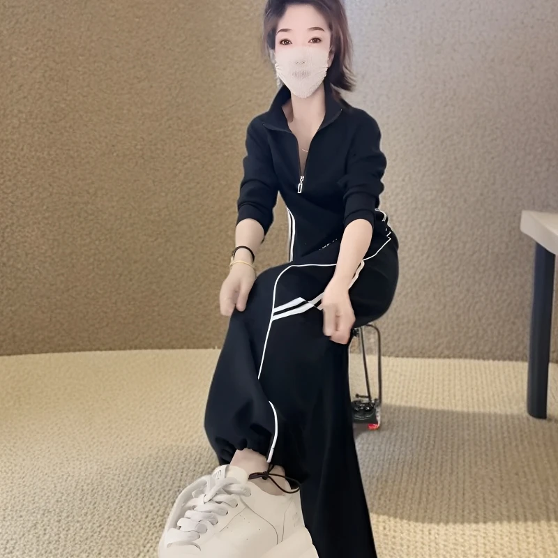 网红同款休闲运动套装女2025夏秋爆款立领短袖上衣阔腿裤两件套潮