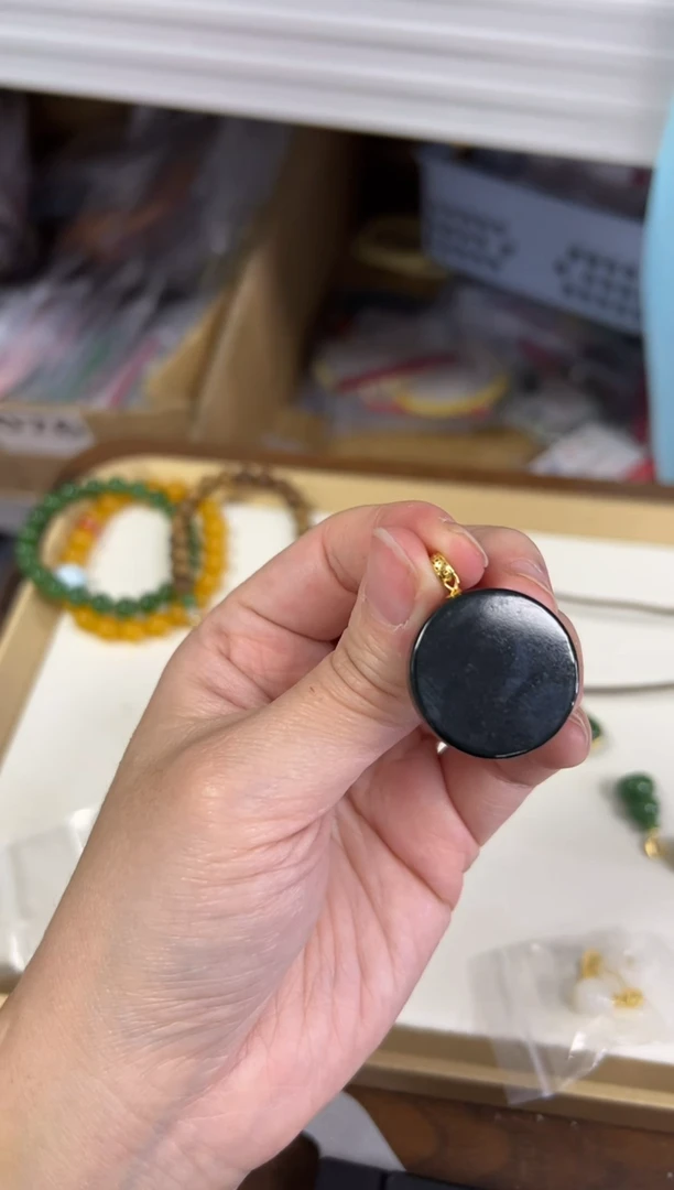 项链银S925镶嵌和田玉和田玉墨玉圆牌银镶嵌吊坠[2292]