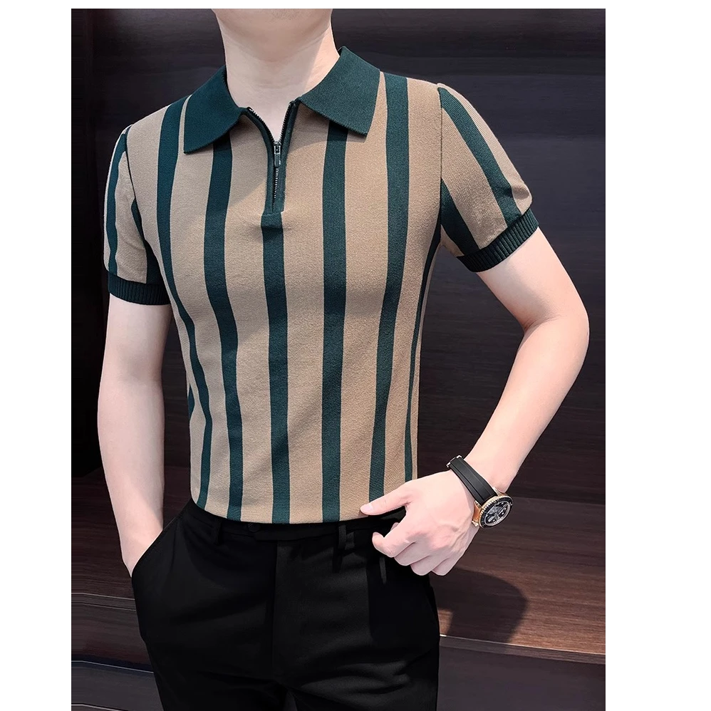 条纹男士polo衫夏季冰丝男装有领针织t恤短袖男款薄款潮流休闲