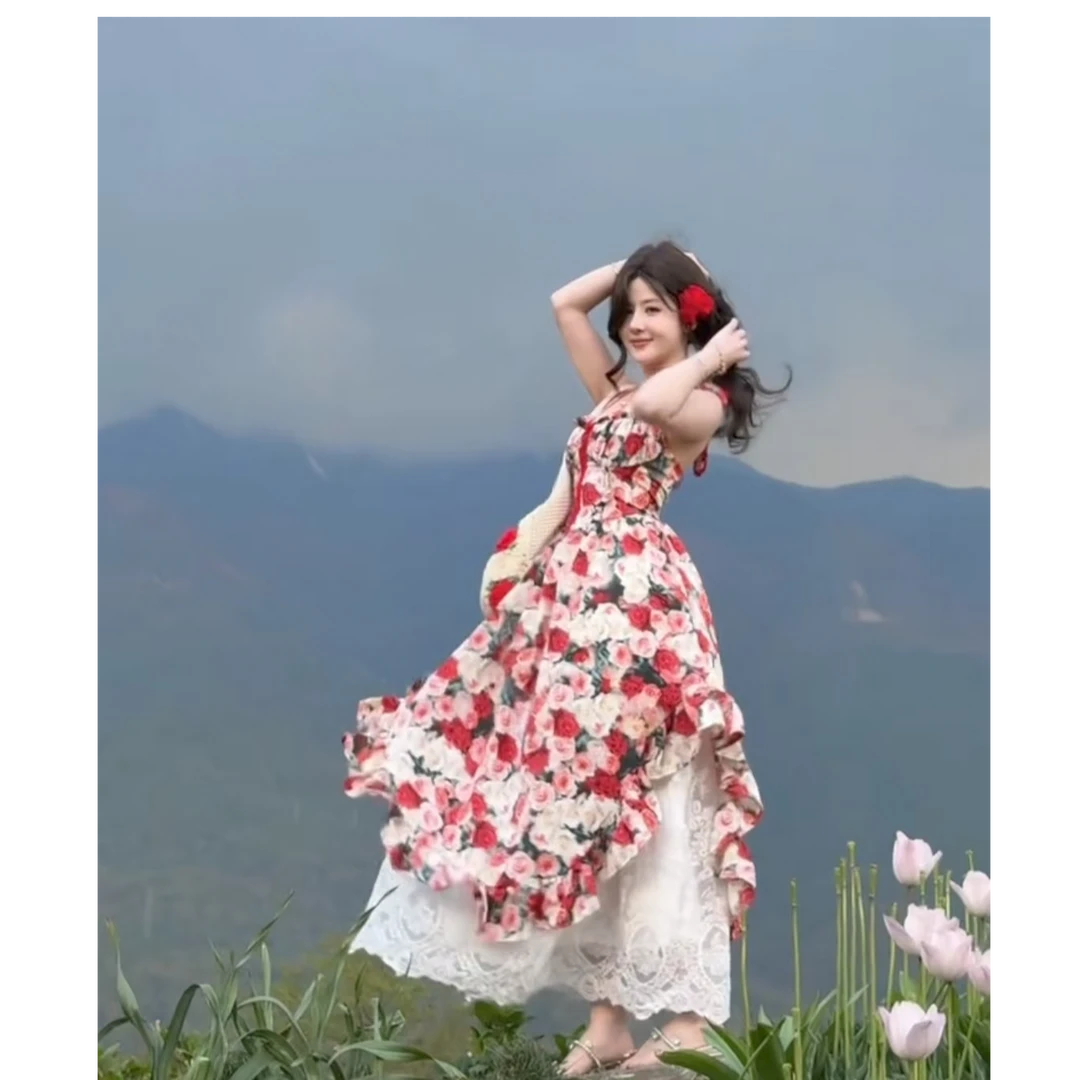 【油画玫瑰】甜妹风印花吊带连衣裙度假风露背小个子吊带连衣裙