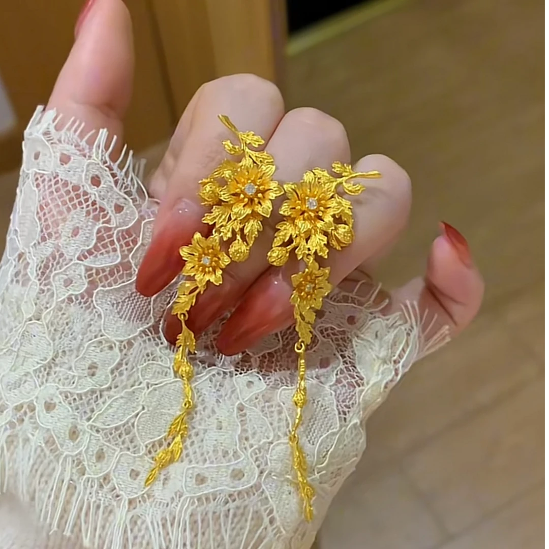 足金999繁花似锦耳饰气质婚嫁时尚百搭长款优雅精美