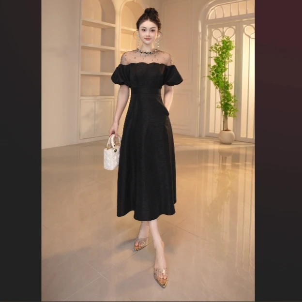 【显瘦定制】法式小黑裙晚礼服赫本风薄纱连衣裙名媛优雅气质21348