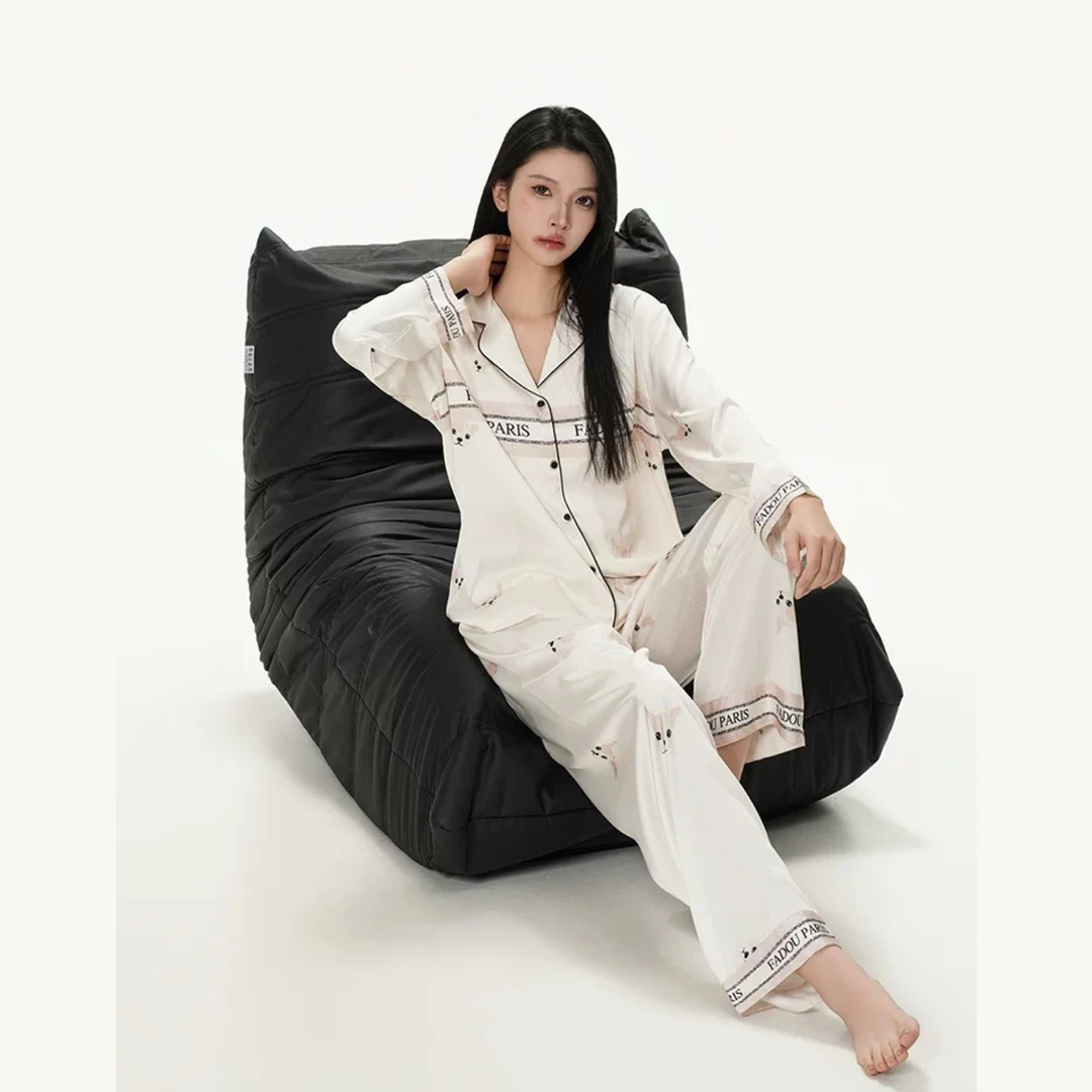 可爱卡通狗睡衣女春秋pique法斗字母缎面家居服套装Q13