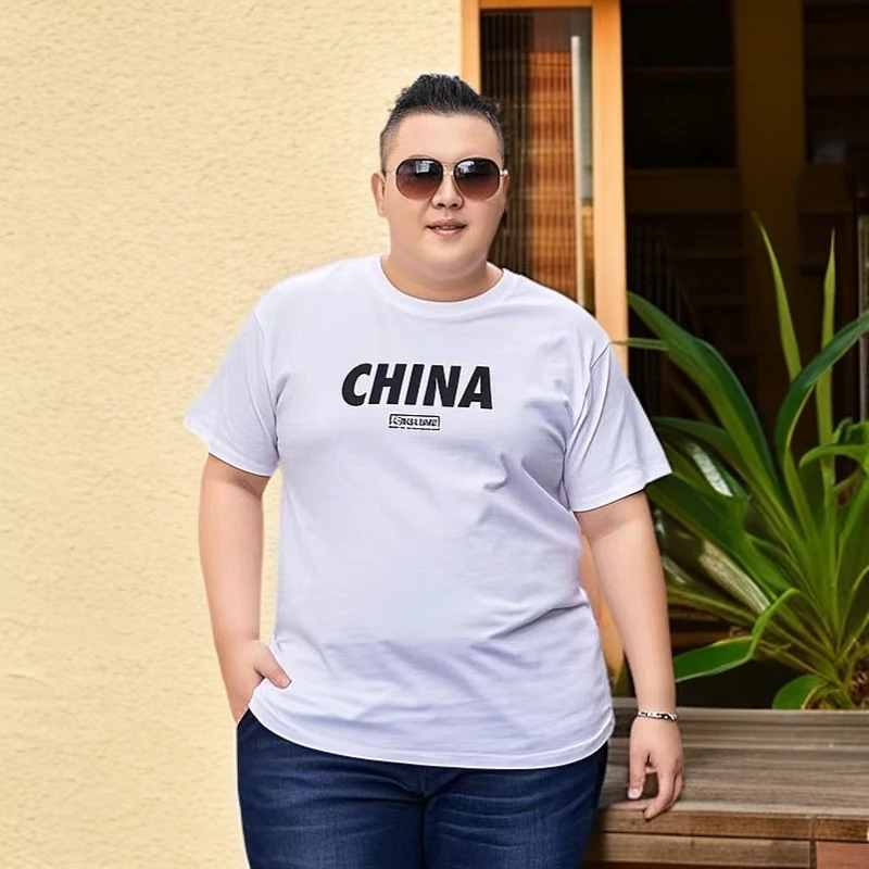 宽肩t恤男 200-300斤男士肥佬短袖加长高个子宽松纯棉圆领字母T恤