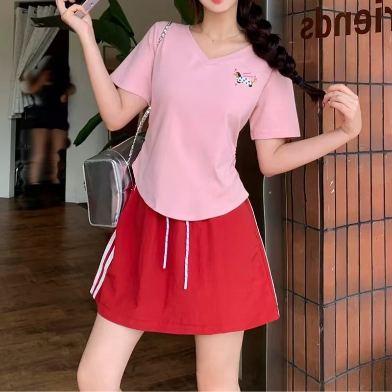 3605夏季大码韩版休闲条纹撞色抽绳半身裙
