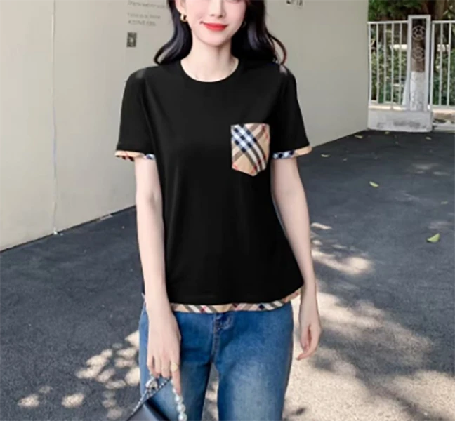 （袖口带格口袋T）2025夏季修身显瘦时尚小版圆领短袖T