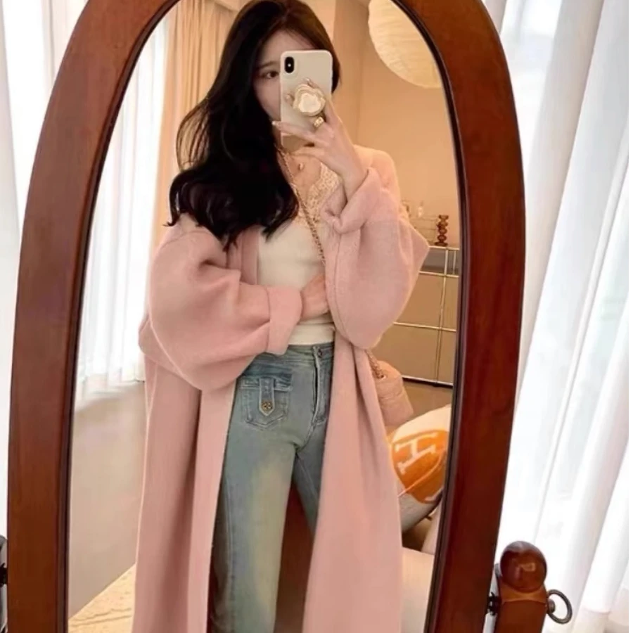 慵懒风2025长款气质纯色韩系显瘦毛织大衣