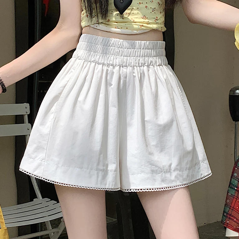 甜美风花边拼接高腰休闲裤女夏季显瘦百搭阔腿裤松紧腰韩系短裤子