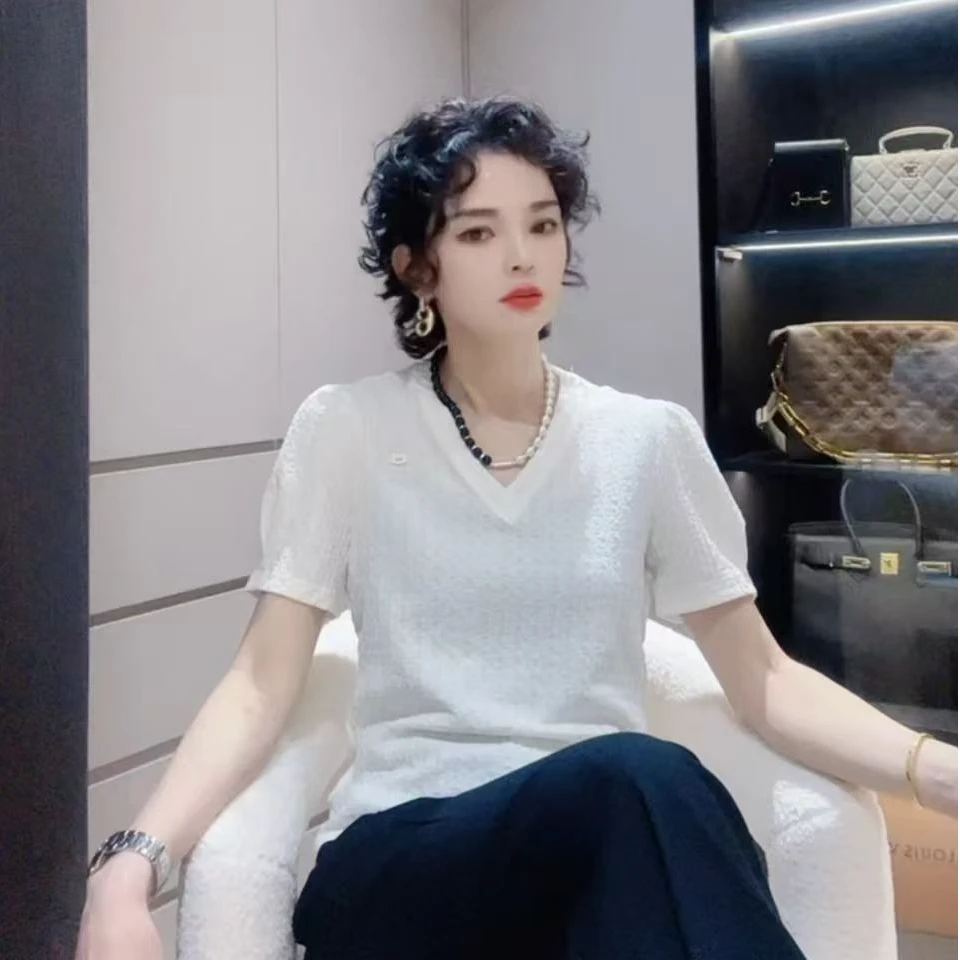 ZM25年夏季新款短袖泡泡袖时尚V领气质T恤87080