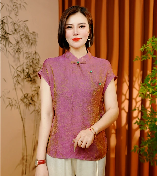 【缠金映紫】2025新款夏季新中式T恤短袖印花修身显瘦减龄气质款