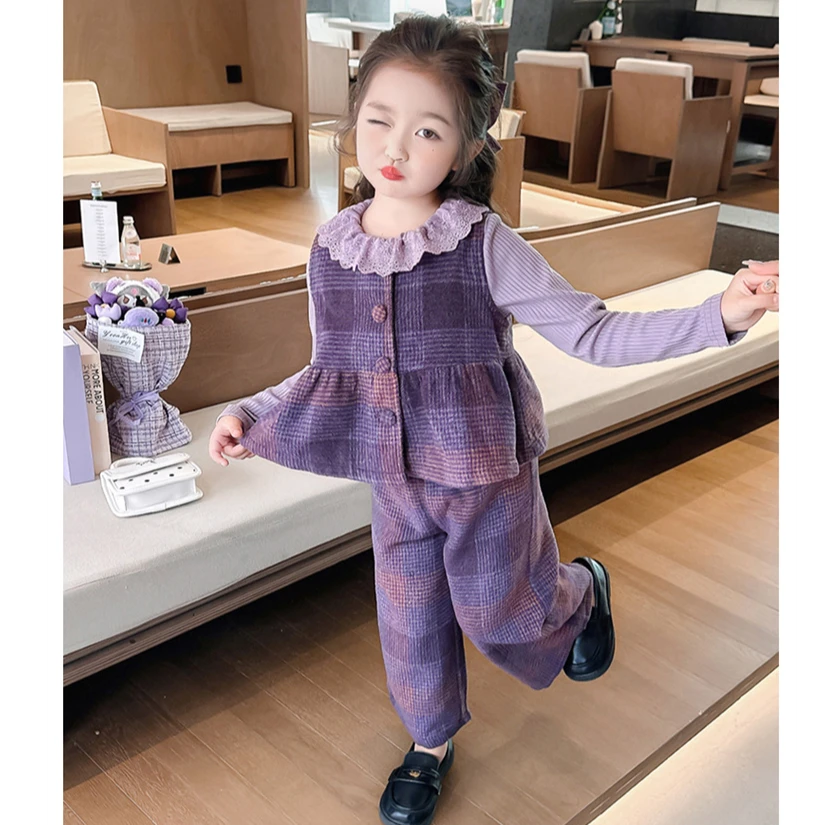 女童套装2025新款女童春装宝宝洋气时髦格子潮款马甲背心三件套潮