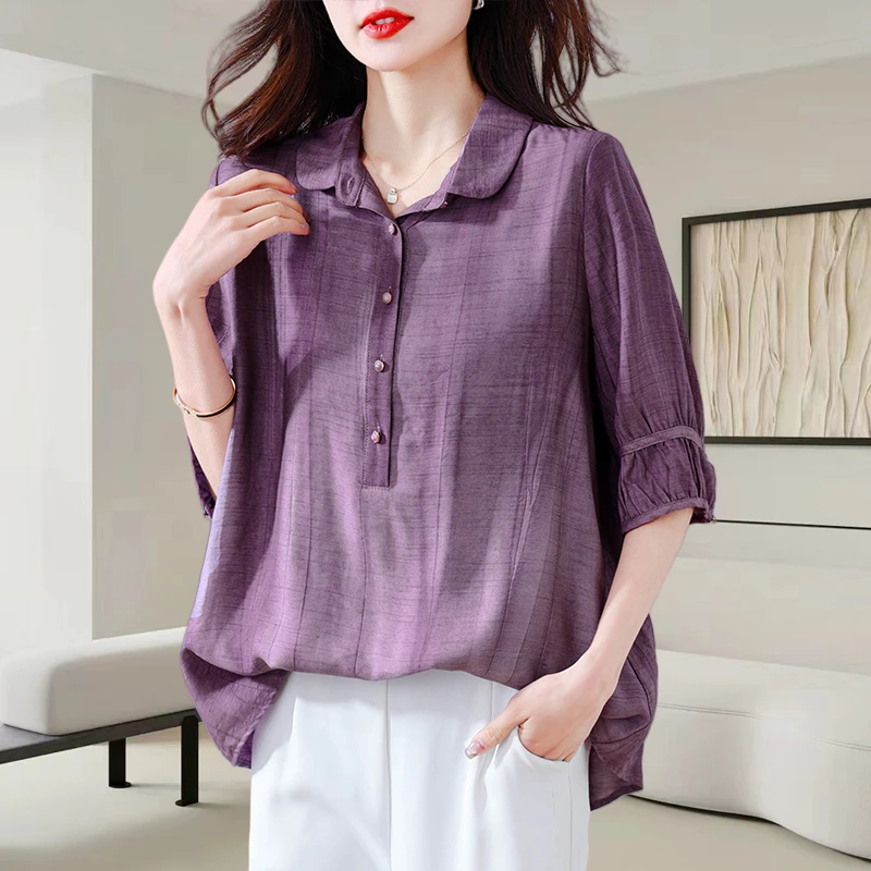 紫色娃娃领短袖衬衫女士2025夏季新款时尚减龄宽松显瘦设计感上衣
