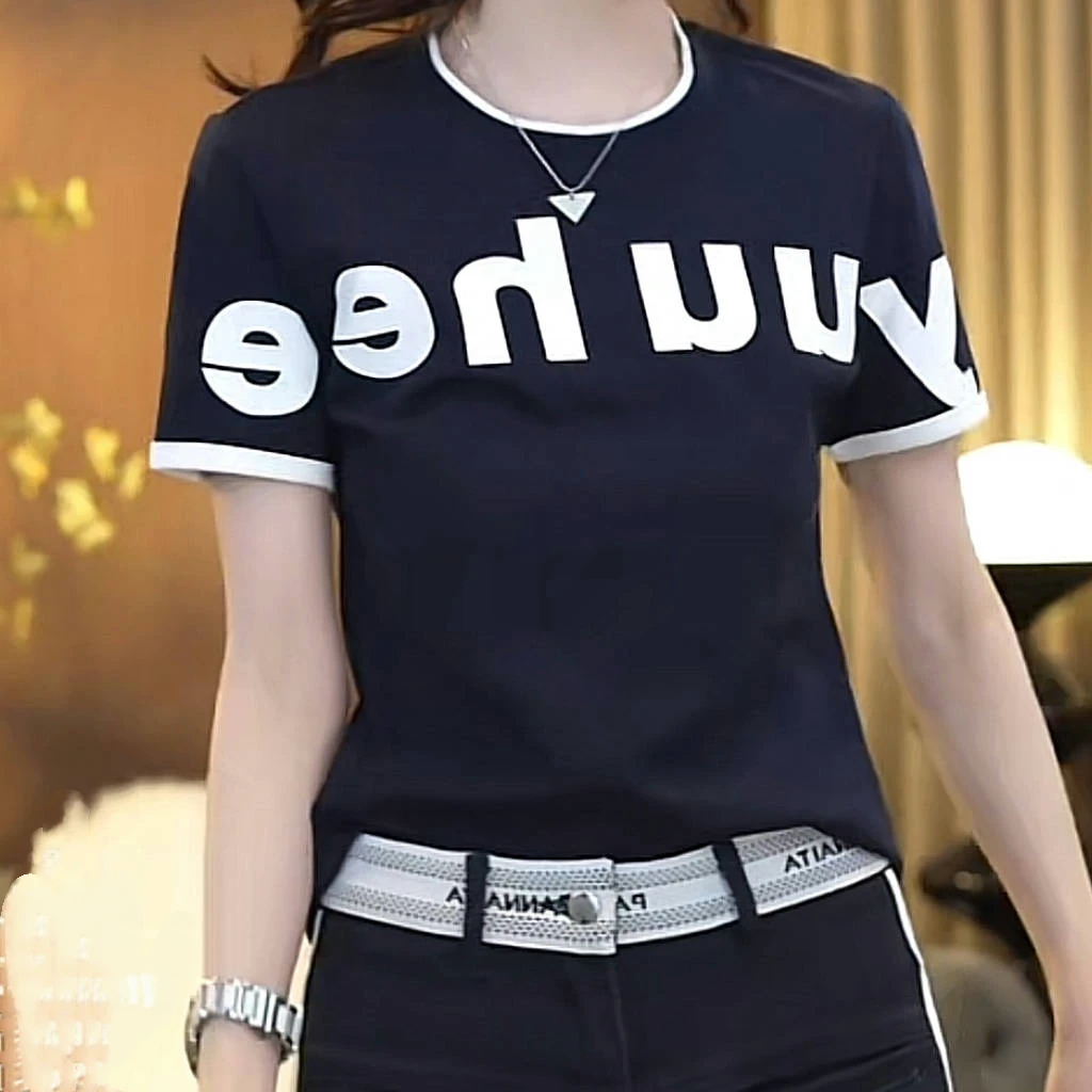 设计感字母印花短袖T恤女2025夏季新款时尚百搭圆领套头修身上衣