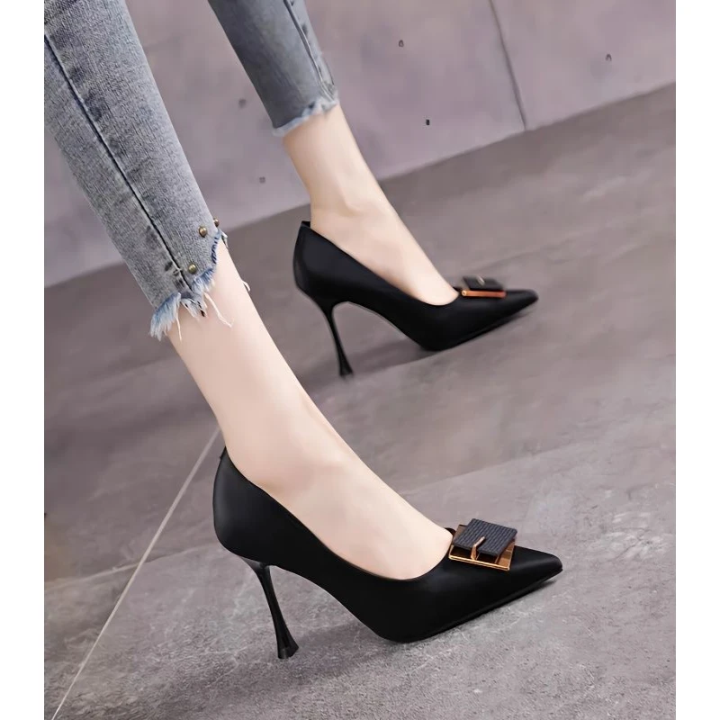 2025新款春秋软皮高跟鞋女中跟浅口尖头百搭细跟单鞋女职业工作鞋