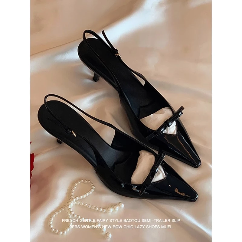 法式气质尖头单鞋包头凉鞋女夏季镂空蝴蝶结后伴带细跟高跟鞋