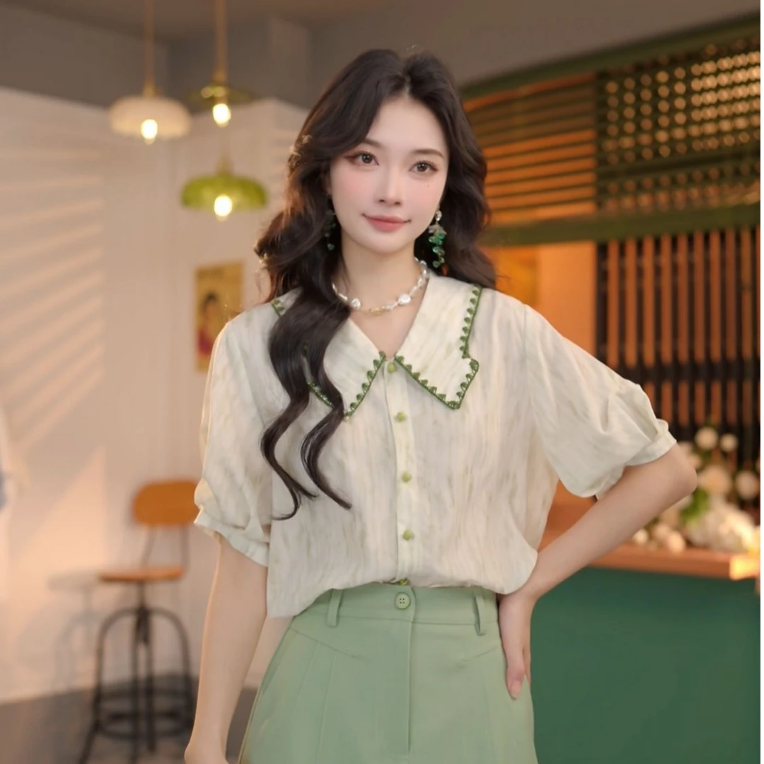 丁佳欣【竹茶柠柚】夏季晕染拼接短袖衬衫女宽松休闲上衣DE0706553