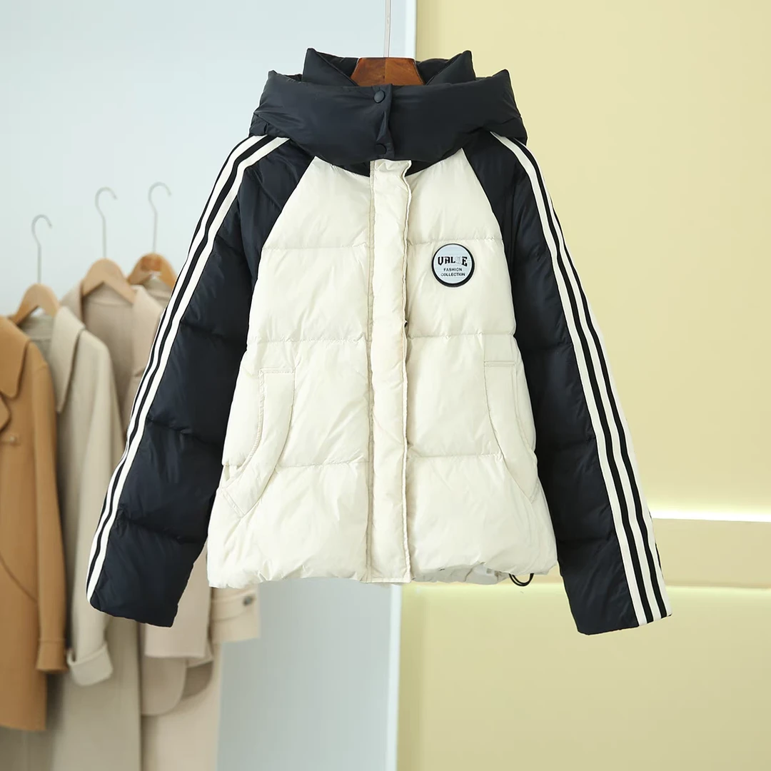 【伊系列】2024新品冬装 时尚撞色条纹休闲连帽宽松短款羽绒服