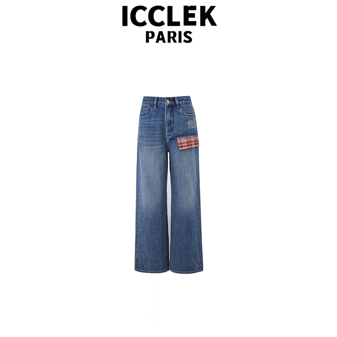 ICCLEK 蓝色小设计百搭牛仔裤气质百搭宽松显瘦通勤阔腿裤 - 5969