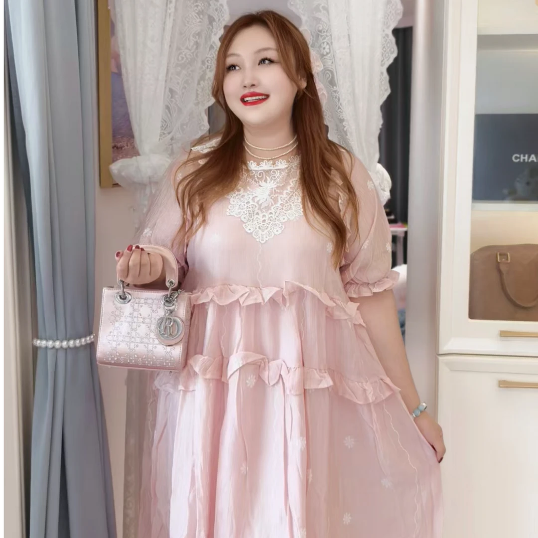 【甜桃絮语】钻石家大码轻奢蕾丝精致粉色公主长裙连衣裙 DOP2590