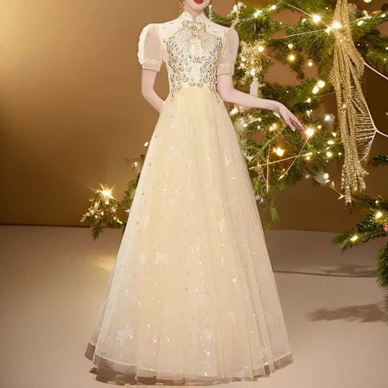 香槟色晚礼服女2025新款高端小众轻奢主持人高级感艺考新中式旗袍