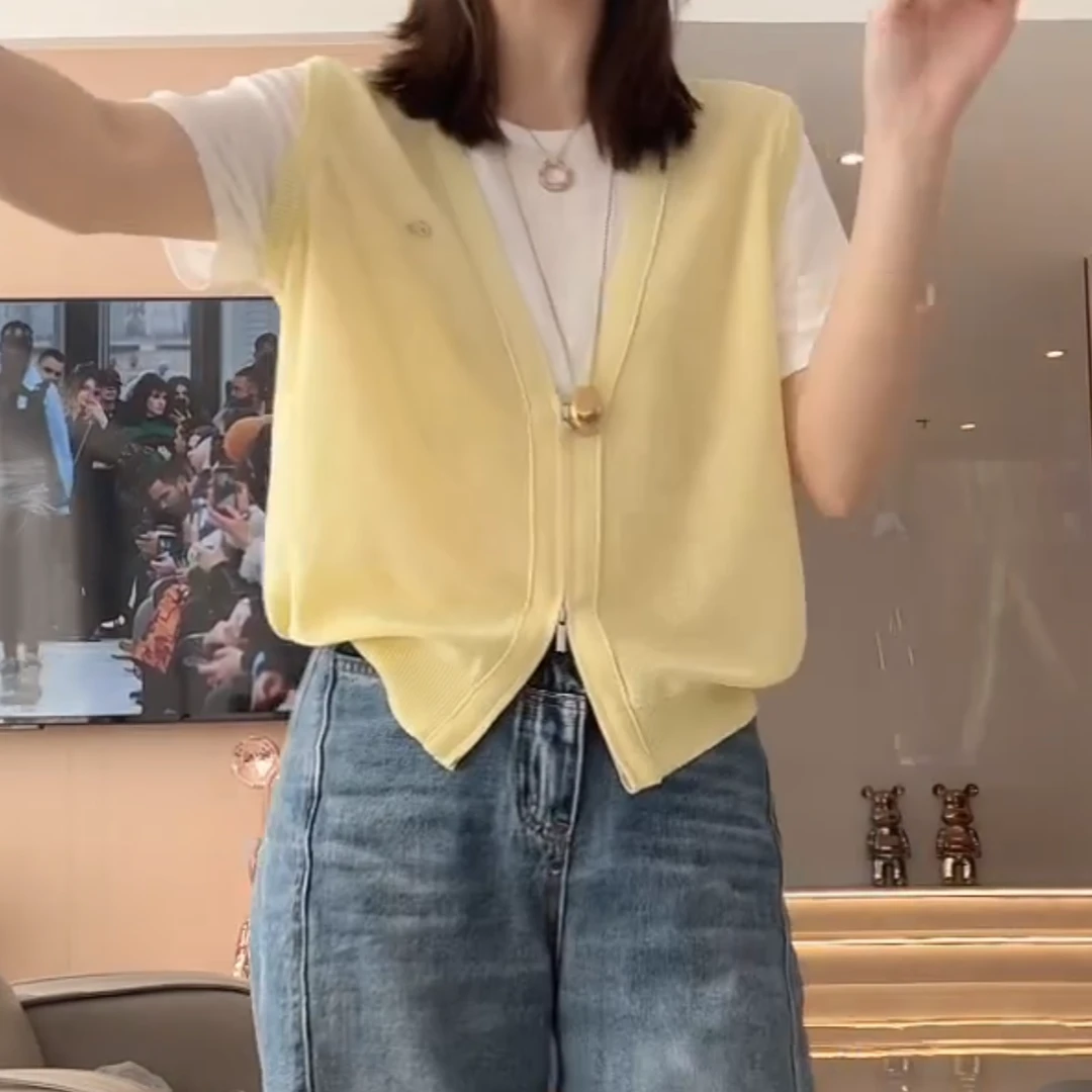 2025春夏季新款时尚设计感针织假两件百搭简约修身套头短袖T恤女