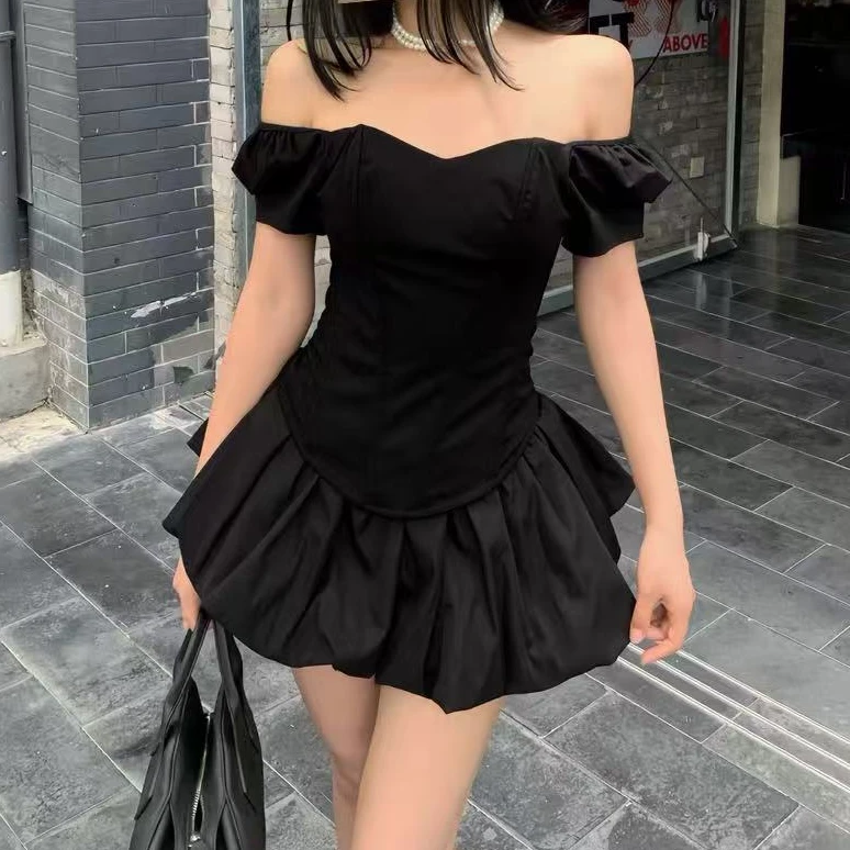 【大脸】 纯欲风一字肩短袖女黑色蓬蓬裙裤两件套 90010裙/90009衣