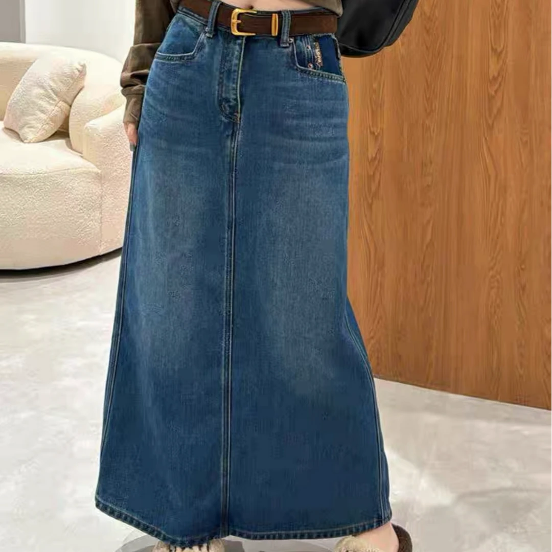 61252#冬季高腰方形口袋显瘦直筒裙后开叉加绒加厚牛仔半身裙