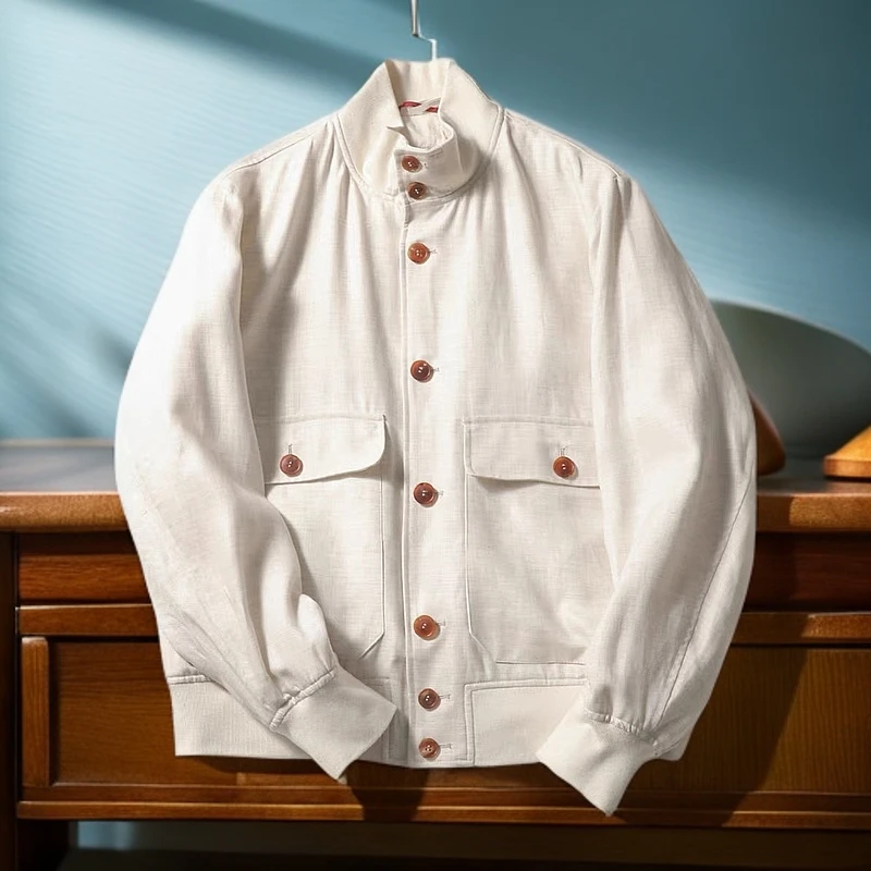 【XH】B*C意式早春男商务休闲老钱风亚麻混纺立领飞行男士夹克2324