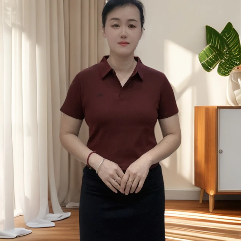 55262短袖耐磨吸汗POLO领印花翻领T恤打底衫女士夏季美式