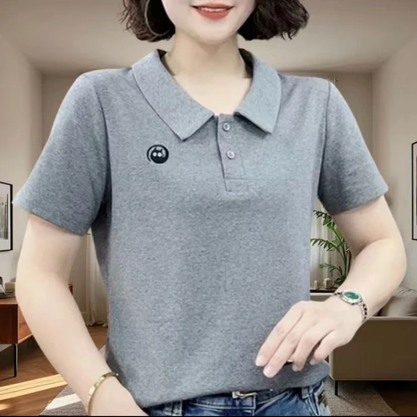 夏季新款时尚百搭宽松显瘦洋气短袖女士polo领上衣 短袖小猫刺绣