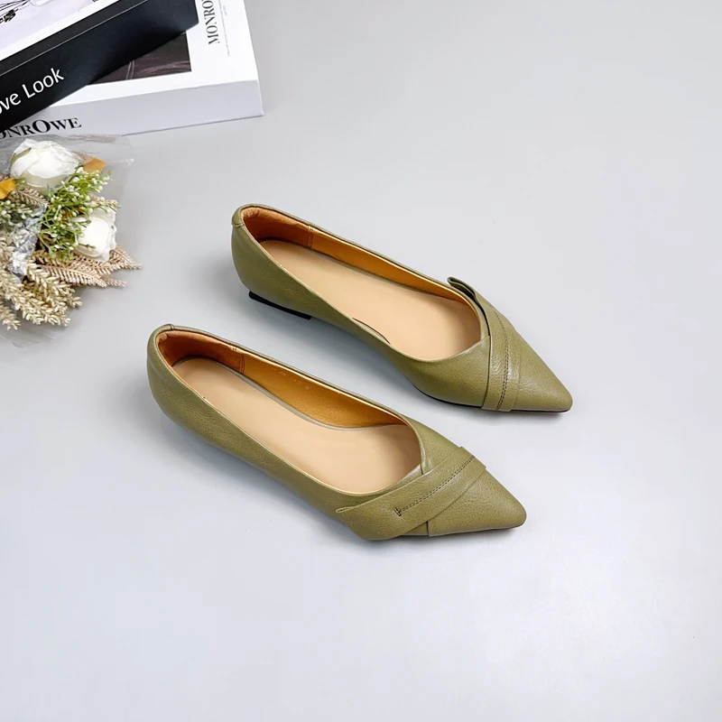 法式气质真皮尖头浅口低跟单鞋女2025新款春秋平底通勤工作小皮鞋