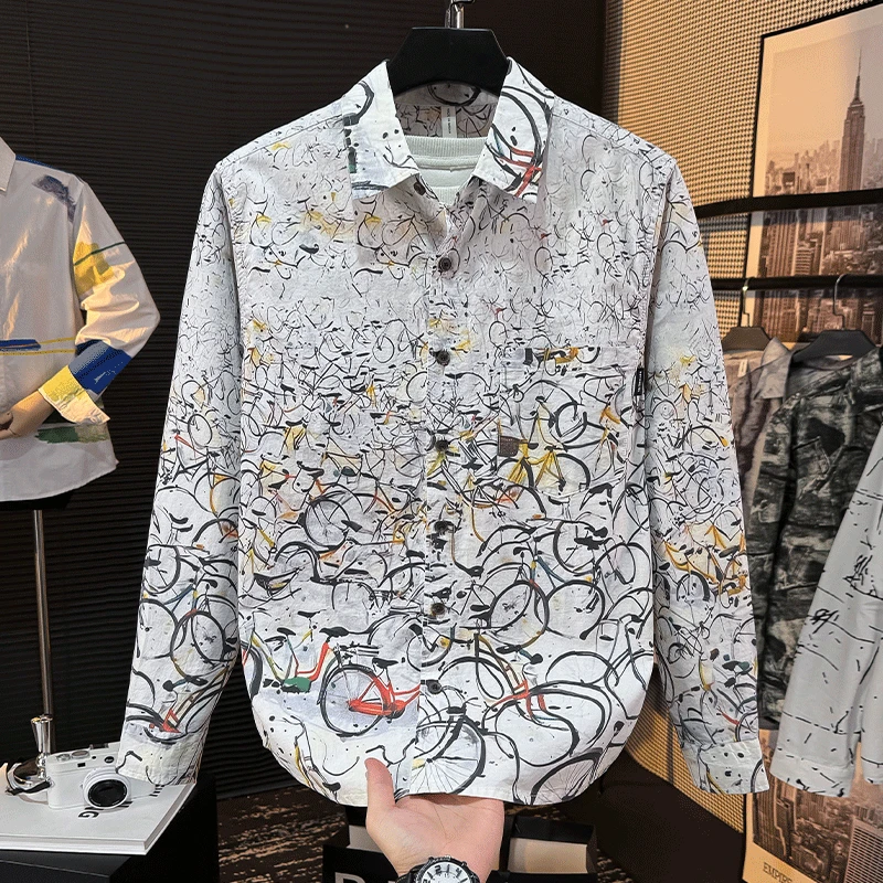 印花男士衬衫满印潮流感休闲纯棉秋季新款休闲衬衣帅气翻领外套潮